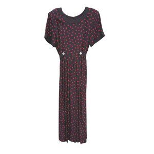 VTG Floral Dress Black Red Roses Whimsigoth Button Down Back Midi Short Sleeve